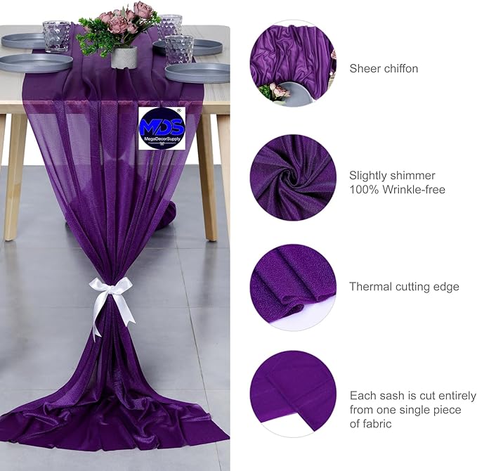 MDS 20 Pack 10ft Chiffon Table Runner 29 x 120 Inches Sheer Wedding Runner Romantic Rustic Table Runner for Wedding Decorations, Birthday Parties, Bridal Shower Party Arch Decor - Cadbury Purple