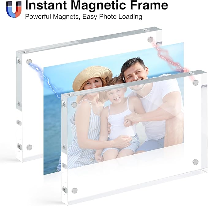 HOUSE DAY Acrylic Picture Frames 5x7, 6 Pack Magnetic 5x7 Picture Frame, Double Sided Clear 5 x 7 Photo Frame with Microfiber Cloth, Frameless FreeStanding 5x7 Frame Gift for Desktop Display