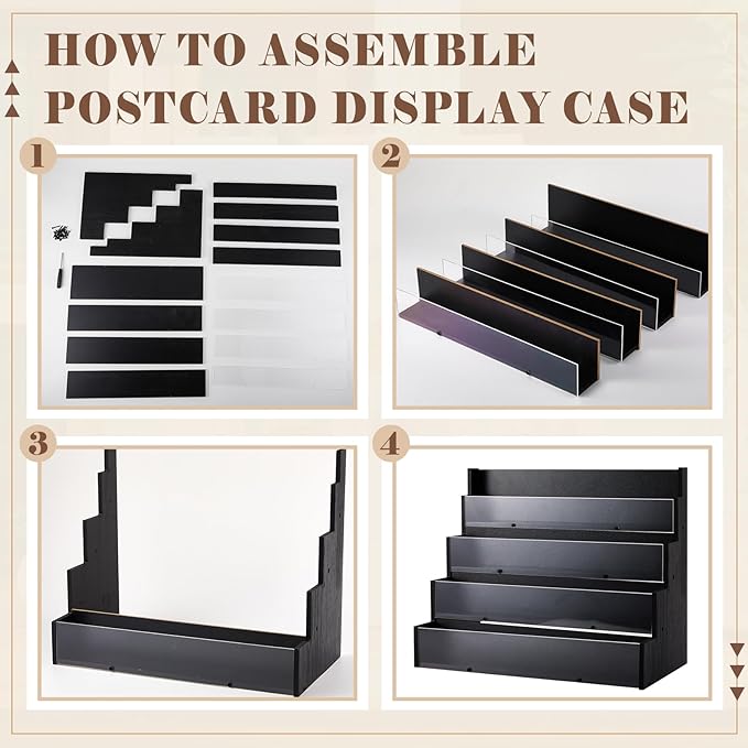 4 Tier Greeting Card Display Stand Black Bamboo and Acrylic Sticker Display Stand Trading Card Holder Retail Photos Shelf for Vendors Craft Collection & Show