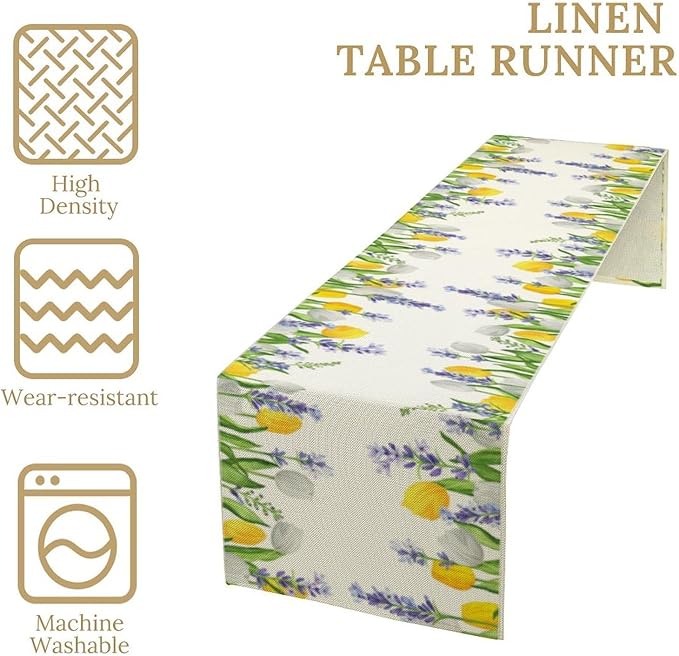 Floral Tulip Lavender Table Runner, Spring Watercolor Flower Plants Nature Butterfly Table Runner for Kitchen Dinner Living Room Home Party, 13x70 Inch