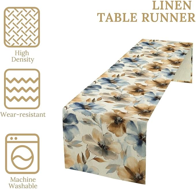 Poppy Floral Table Runner, Watercolor Brown Blue Flowers Blossom Summer Nature Table Runner for Kitchen Dinning Table Runner Decor Home Wedding Party Holiday, 13x90 Inch