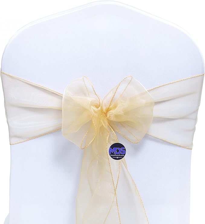 MDS Pack of 125 PCS Organza Chair Sashes Wider Dining Chair Bows Ribbon Tie Back for Wedding Party Birthday Bridal Shower Reception Event Banquet Home Chair Cover Decoration - Beige