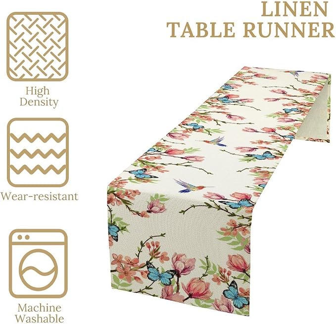 Floral Butterfly Table Runner Seasonal Spring Flower Bird Table Decoration Table Runner for Home Party Decoration 13x120 Inch
