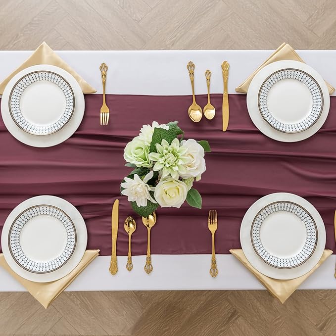 6Pack 9ft Chiffon Table Runner 14x108 Inch Sheer Romantic Table Runner for Wedding Birthday Party Bridal Shower Outdoor Decoration -Burgundy