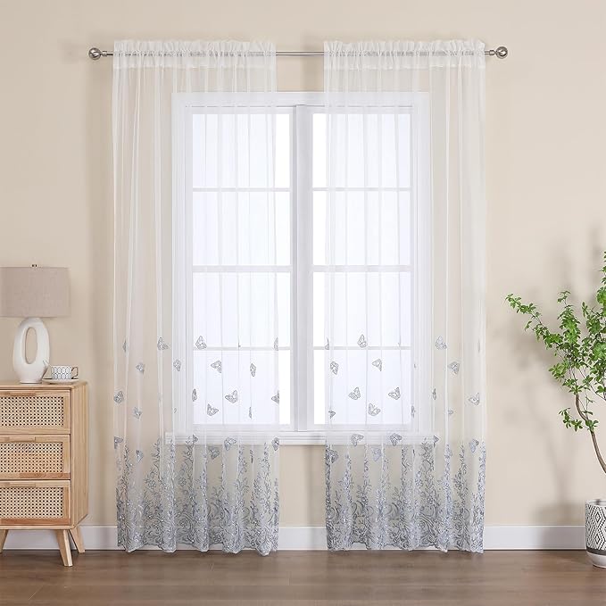 VISIONTEX White Sheer Voile Curtains, Decorative Blue Embossed Butterflies Rod Pocket Window Drapes for Home Kitchen, Living Room and Bedroom 54 x 95 Inch, Set of 2 Curtain Panels