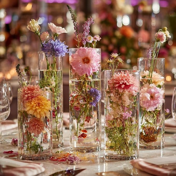 60pcs Cylinder Glass Vase for Centerpieces, 4,6,7.5,8,10 inch Tall Clear Flower Vase Bulk Floating Candle Holder for Wedding Table Home Décor and Party