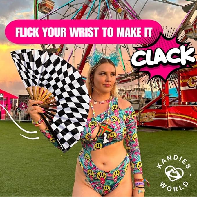 Kandies World Custom Festival Folding Hand Fan - Unique Designs, Made of Bamboo, Clacking Sound, Lightweight - Perfect Rave and Festival Accessory!
