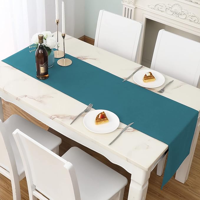DUALIFE Teal Table Runner 14x72 inch Solid Color Thick Polyester Decorative Cloth Handcrafted for Wedding Party Birthday Graduations Hotel Restaurant Banquet Catering Services Event