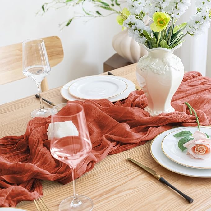 Asee'm 2pcs Cheesecloth Table Runner 120 Inches Long Terracotta Boho Gauze Cheese Cloth Runner 10FT Rustic Sheer Fall Table Runners for Thanksgiving Christmas Wedding Party Baby Shower Decoration