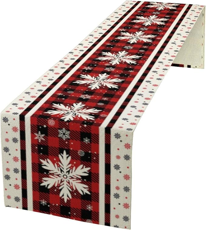 Snowflakes Christmas Table Runner,Red Buffalo Plaid Seasonal Winter Kitchen Dining Table Decoration for Home Party Decor 13x90 Inch
