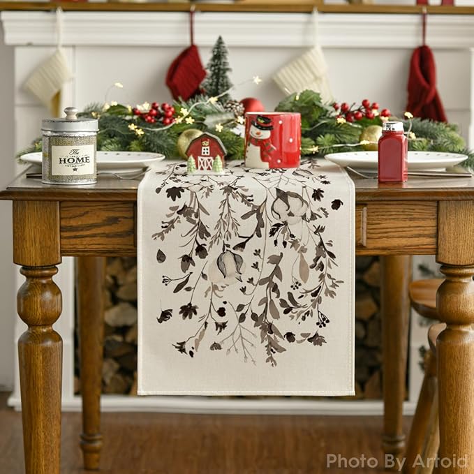 Artoid Mode Leaves and Flowers Cotton 210 GSM Winter Table Runner, Seasonal Christmas Kitchen Dining Table Decoration for Home Party Decor 13x120 Inch