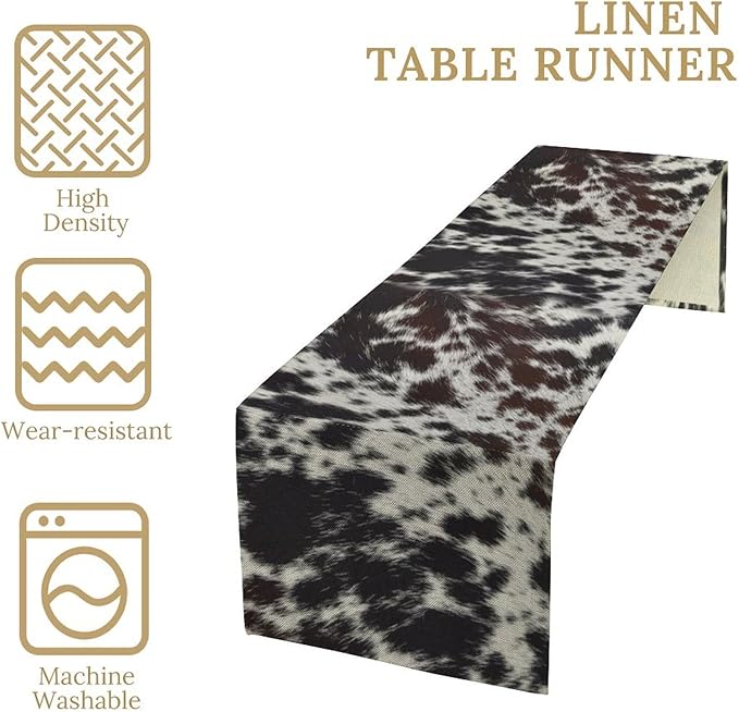 Cow Print Table Runner, Country Farm Animal Fur Skin Pattern Western Style Black Brown Cowhide Print Dinner Runner for Home Kitchen Dining Home Setting, 13x108 Inch