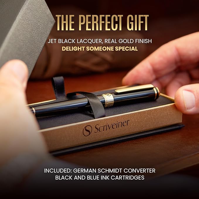 Scriveiner Black Lacquer Fountain Pen - Stunning Luxury Pen, Real Gold Finish, Schmidt Gilded Nib (Extra Fine), Best Pen Gift Set for Men & Women, Professional, Executive, Office, Nice Pens