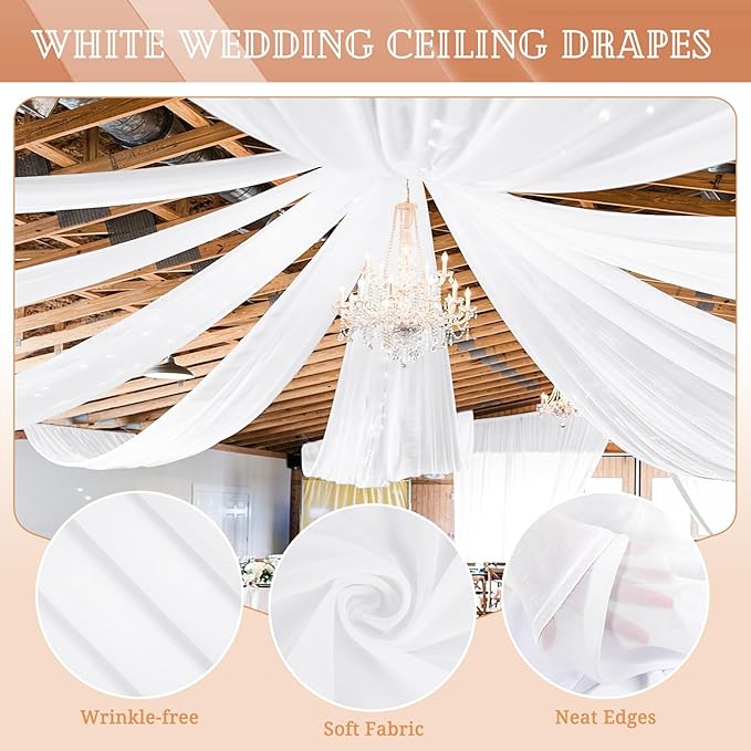 6 Panels White Ceiling Drapes for Wedding 5ftx20ft Sheer Drapery Chiffon Fabric Arch Draping Curtains for Party Ceremony Birthday Baby Shower Reception Stage Ceiling Decorations