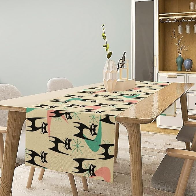 Mid Century Table Runner,Cat Geometric Stripe Colorful Abstract Pattern Print Tablecloth Burlap for Hotel Indoors Outdoor Dining Room Kitchen Holiday Party, 13x70in