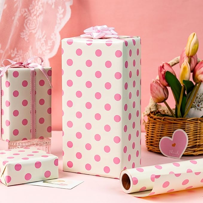 Burymento Pink and Beige Dots Wrapping Paper, Reversible Pink Gift Wrap for Birthday, Valentines, Mothers day, Graduation, Wedding, Fathers day, Baby Shower, Christmas (17in x 32.8ft)
