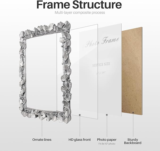 Cuspin Silver 8x10 Picture Frame, Vintage Silver Ornate Leaf Textured Hand-Crafted Resin with Glass Front Antique Photo Frame for Tabletop Display, Retro Design Home Decor