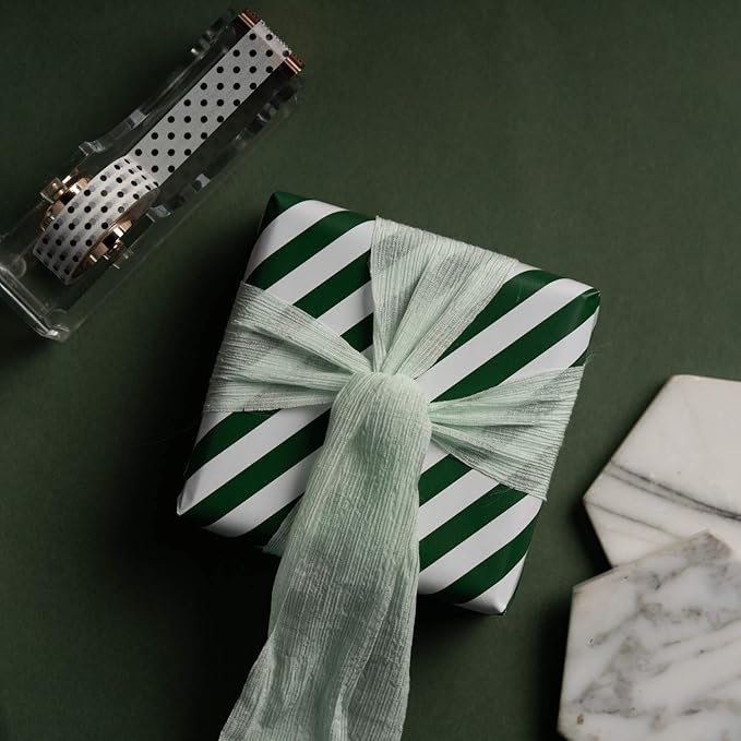 WRAPAHOLIC Reversible Wrapping Paper - Mini Roll - 17 Inch x 33 Feet - Dark Green and Stripes Design for Christmas, Birthday, Holiday, Wedding, Baby Shower