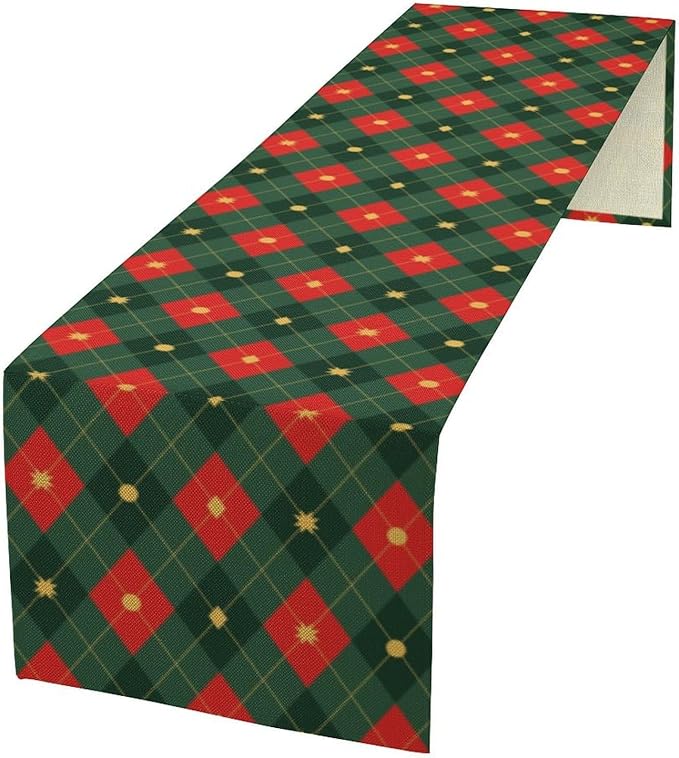 Christmas Table Runner,Green Red Xmas Plaid Table Cloth Kitchen Dining Table Decoration for Home Party Decor 13x108 Inch