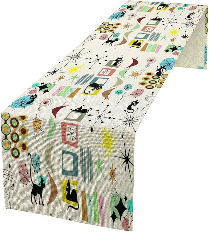 Colorful Geometric Table Runner,Vintage Mid Century Cute Cat Abstract Morden Print Tablecloth Burlap for Hotel Indoors Outdoor Dining Room Kitchen Home Decor, 13x70in