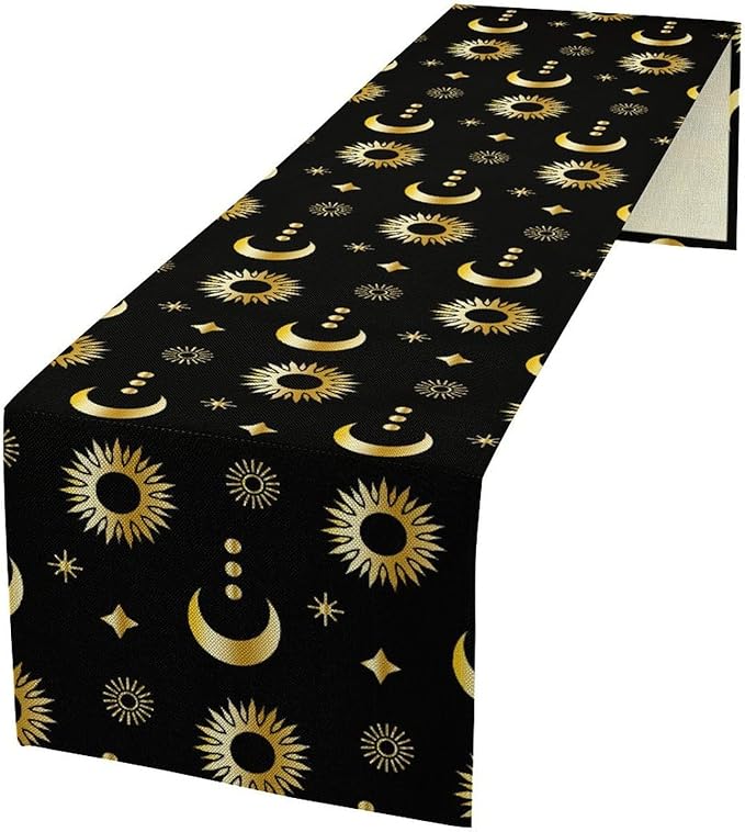 Magic Gold Sun Moon Stars Table Runner Mystical Farmhouse Rustic TableRunner for Party Holiday Dining Room Kitchen 13x60 Inch