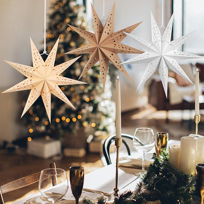 EASY JOY 5pcs 9-Pointed Paper Star Decoration Christmas Party Decorations Hanging Star Decoration Grey Brown Black 12 Inch 3D Paper Star Lantern for Christmas Home Party Wedding Birthday