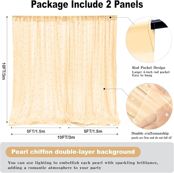 10 * 8FT Beige Pearl Tulle Double Layered Backdrop Curtain with Lights String and Lining Fabric for Wedding Baby Shower Birthday Parites Photo Decorations