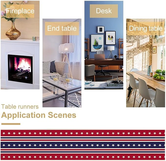 4th of July Table Runner, USA Flag Stars Stripes American Independence Day Red Blue White Stars Lines Print Table Cover for Farmhouse Kitchen Indoor Outdoor Home Party, 13x70inch