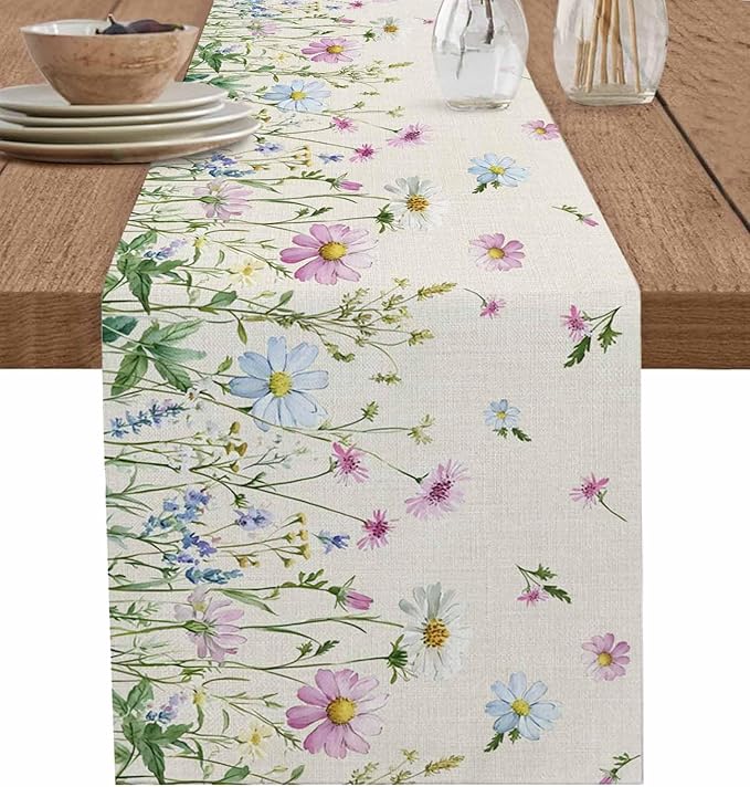 Vintage Wildflowers Cotton Linen Table Runner for Dining Kitchen, Wedding Outdoor Party Tablerunners Decoration, Farm Floral Pink Botanical Plants Dresser Scarf Coffee Tablecloth Runners 13x48 Inches