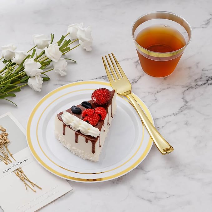 600PCS Gold Plastic Plate Set (100 Guests), Plastic Plates for Party Wedding Birthday, Disposable Dinnerware Set of 200 Plates, 200 Forks, 100 Spoons, 100 Knives for Christmas, Thanksgiving