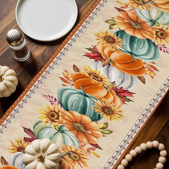 Fall Thanksgiving Southwest Cotton Linen Table Runner for Dining Kitchen, Orange Pumpkins Wedding Outdoor Party Rustic Tablerunners Decoration, Sunflower Dresser Scarf Tablecloth Runners 13x120 Inches