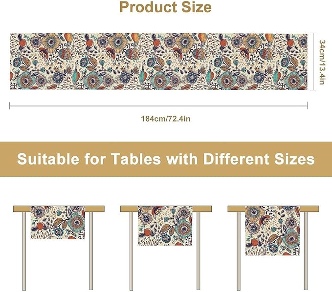 Boho Floral Table Runner,Vintage Flowers Tropical Plants Country Style Table Cloth Kitchen Dining Table Home Party Decoration 13x72 Inch