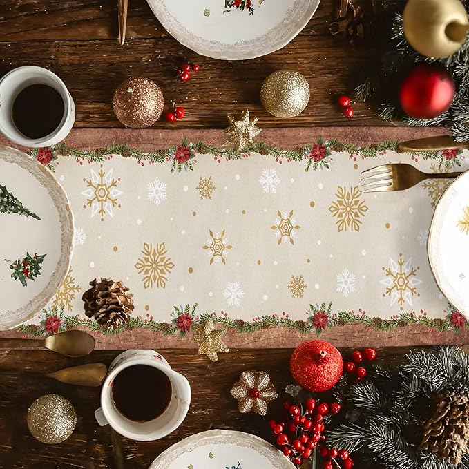 Christmas Gnomes Cotton Linen Table Runner for Dining Kitchen, Xmas Pine Tree Snowflake Rustic Wedding Outdoor Party Tablerunners Decoration, Retro Wood Dresser Scarf Tablecloth Runners 13x70 Inches