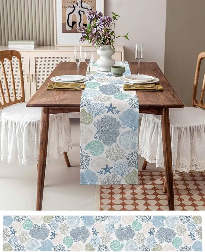 Coastal Coral Cotton Linen Table Runner for Dining Kitchen, Wedding Outdoor Party Tablerunners Decoration, Blue Nautical Starfish Ocean Shell Beach Dresser Scarf Coffee Tablecloth Runners 13''x108''