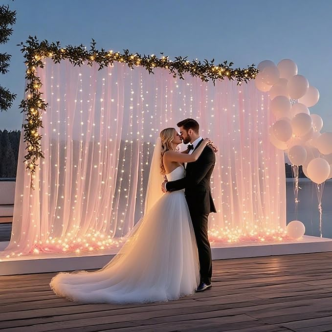 10×8ft Tulle Backdrop Curtains with Lights String - 300LED Fairy Lights Sheer Curtain Backdrop for Weddings Baby Shower and Birthday Party Decorations(6 Panels 5×8ft)