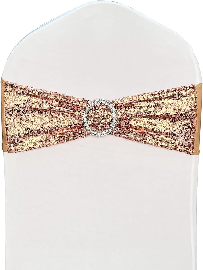 10 Pcs Sequin Chair Sashes Stretch Chair Bands Spandex Polyester Bows for Party Hotel Wedding Banquets Decoration - Rose Gold