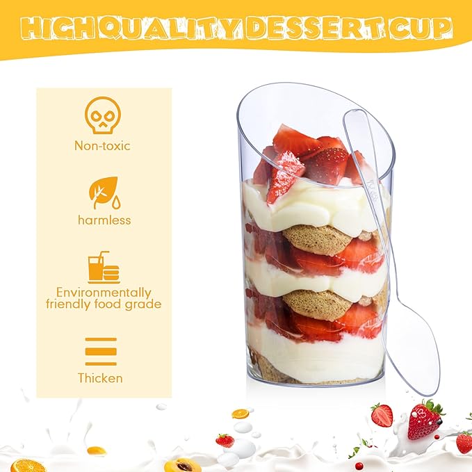 Nuogo 100 Pcs Mini Dessert Cups with Spoons Include 3 oz Square Plastic Appetizer Cups 2.5 oz Slanted Round Parfait Shooter Cup Small Clear Mousse Pudding Cup for Wedding Baby Shower Birthday Party
