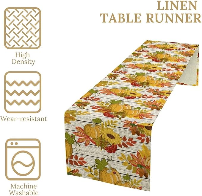 Autumn Table Runner,Seasonal Pumpkins Thanksgiving Kitchen Dining Table Decoration for Home Party Decor 13x70 Inch