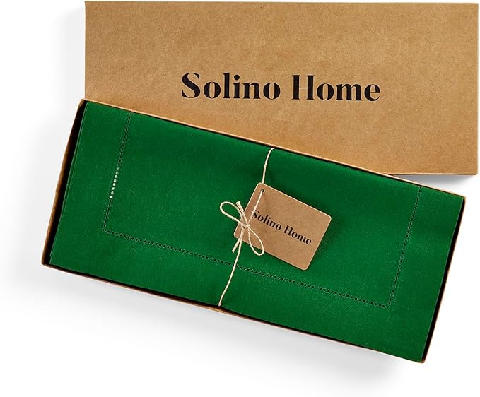 Solino Home Linen Table Runner 36 Inches - 100% Pure Linen Garden Green Hemstitch Table Runner 14 x 36 Inch Ideal for Dresser and Coffee Tables - Classic Hemstitch - Christmas