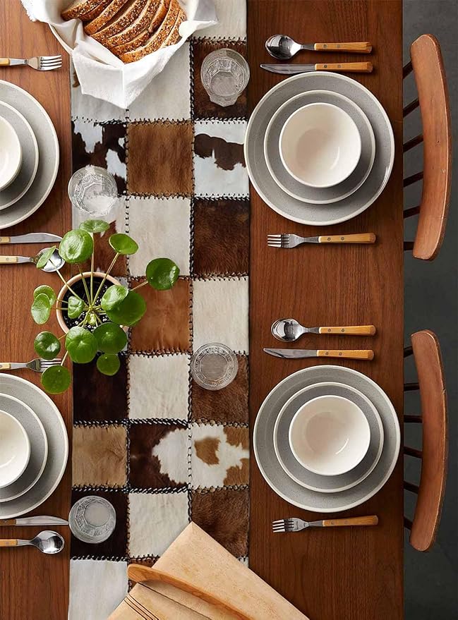 Abstract Cowhides Cotton Linen Table Runner for Dining Kitchen, Wedding Outdoor Party Tablerunners Decoration, Brown Beige Animal Fur Texture Dresser Scarf Coffee Tablecloth Runners 13x108 Inches