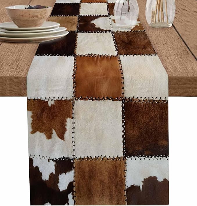Abstract Cowhides Cotton Linen Table Runner for Dining Kitchen, Wedding Outdoor Party Tablerunners Decoration, Brown Beige Animal Fur Texture Dresser Scarf Coffee Tablecloth Runners 13x48 Inches