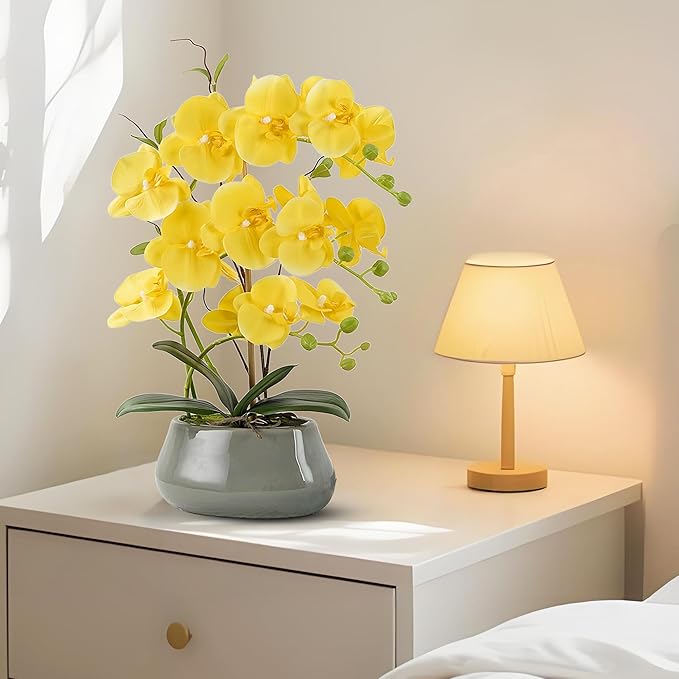 Orchid Artificial Flowers with Gray Vase Large Silk Faux Phalaenopsis Flowers for Dining Room Table Floral Centerpieces Indoor Decoration,Yellow