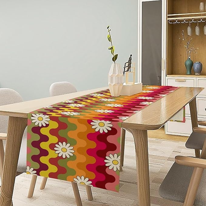 Vintage Floral Table Runner,60s 70s Colorful Retro Abstract Hippie Print Table Runner for Kitchen Dining Table Home Party Decoration 13x120 Inch