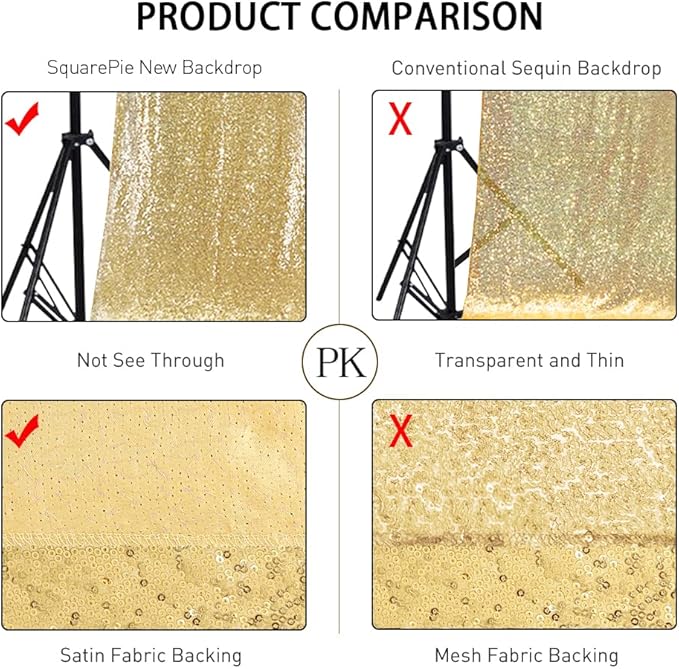 SquarePie Sequin Backdrop Less See Through Thick Background for Photography Glitter Curtain Party 8FT x 8FT Gold
