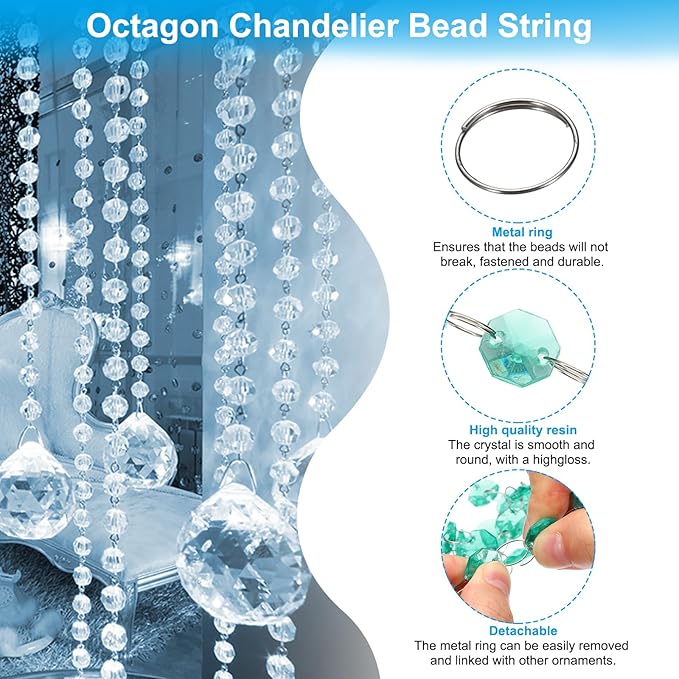 PATIKIL 14 mm Crystal Garland Strands, 98.4 Ft Acrylic Octagon Chandelier Bead Chains String for DIY Craft Wedding Party Home Decorative Jewelry Making, Blue