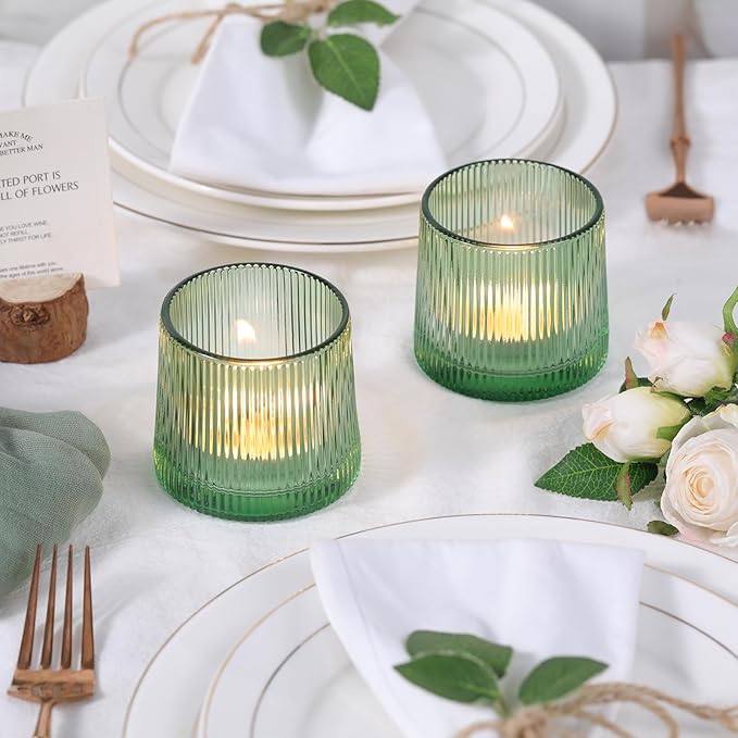 DARJEN Green Ribbed Tealight Votive Candle Holders Set of 10- Votive Candle Holders for Table Centerpiece, Tea Light Candle Holder Glass for Wedding and Home Decor, Green Decor and Gifts