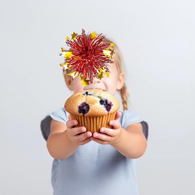 Ephlyn 30Pcs Foil Firework Cupcake Toppers Party Birthday Cake Toppers Supplies Sparkle Tinsel Cocktail Fruit Toothpick for Birthday Wedding Graduation Party Red