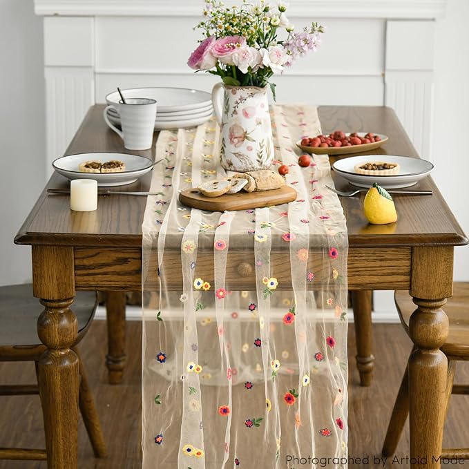 Artoid Mode Champagne Embroidery Daisy Gauze Table Runner 120 Inch 10FT, Seasonal Sheer Kitchen Dining Holiday Wedding Birthday Table Decor for Home Party