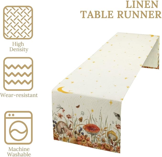 Mushroom Kitchen Table Runner, Gothic Moon Star Plants Witchy Moonlit Flower Butterfly Table Runner for Kitchen Dinner Living Room Drapes, 13x108 Inch White