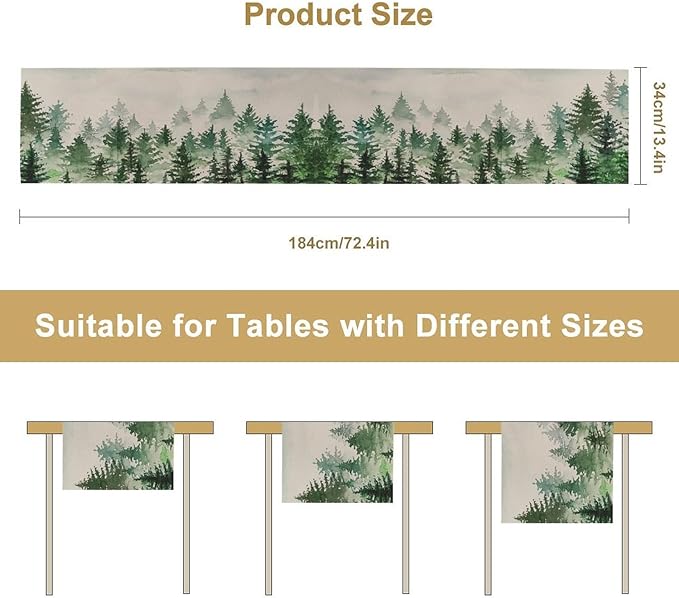 Foggy Forest Table Runner,Green Forest Natural Landscape Table Runner for Kitchen Dining Table Home Party Decoration 13x36 Inch